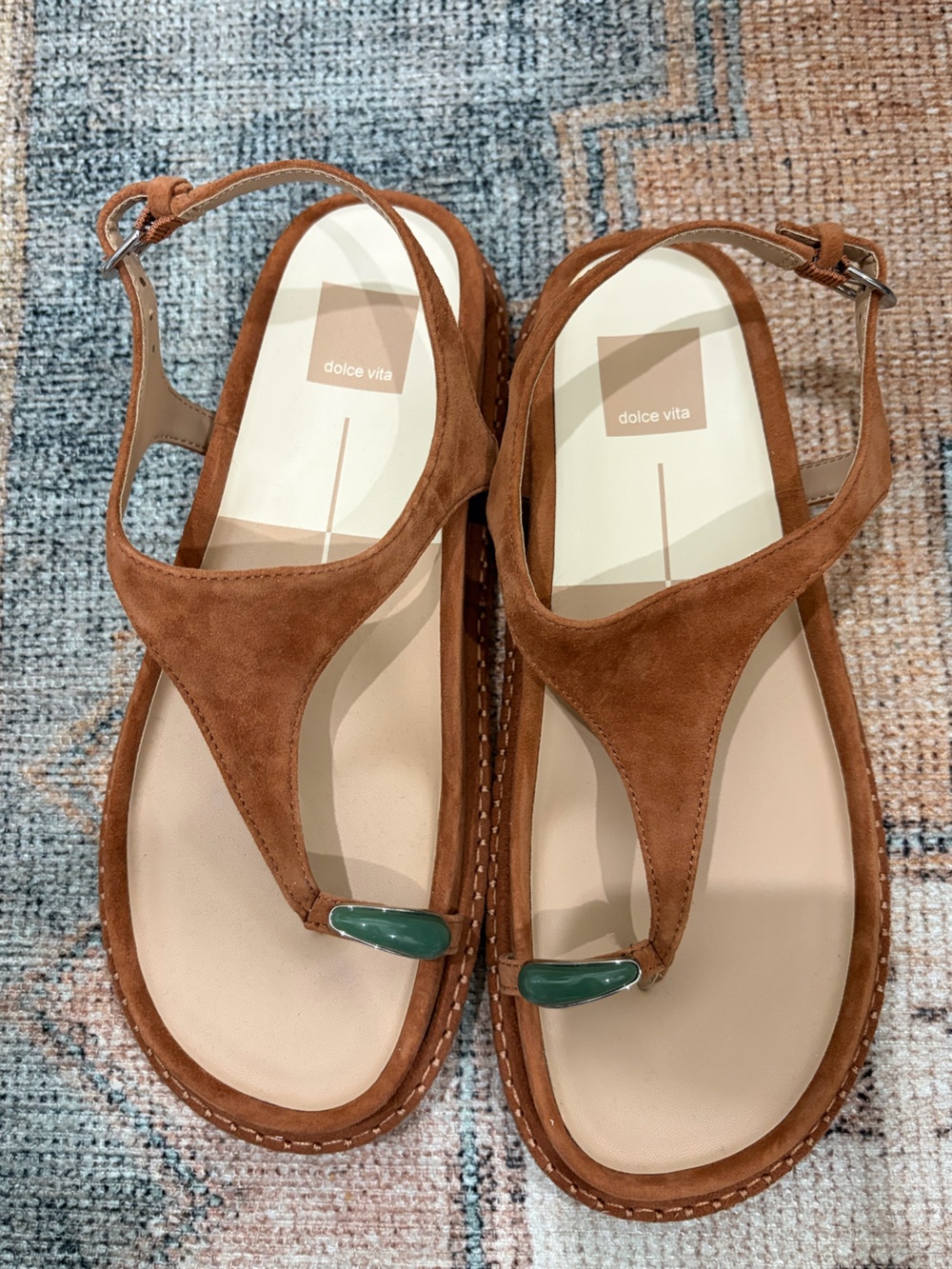 Dolce Vita Stefan Brown Suede Toe-Post Sandals with Green Accent